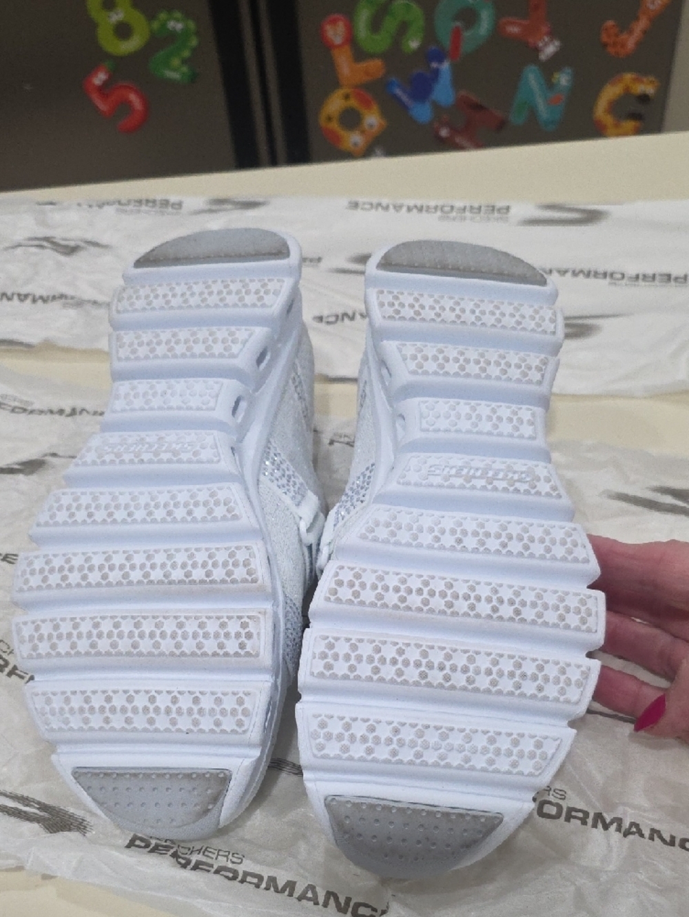 Skechers Women’s White Slip-On Athletic Sneakers with Crystal Straps - Picture 2 of 4